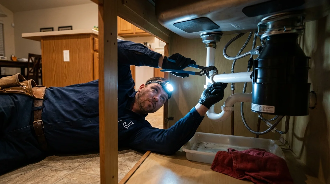 P-trap and supply line connections under a kitchen sink showing a common leak point in Weston, MA